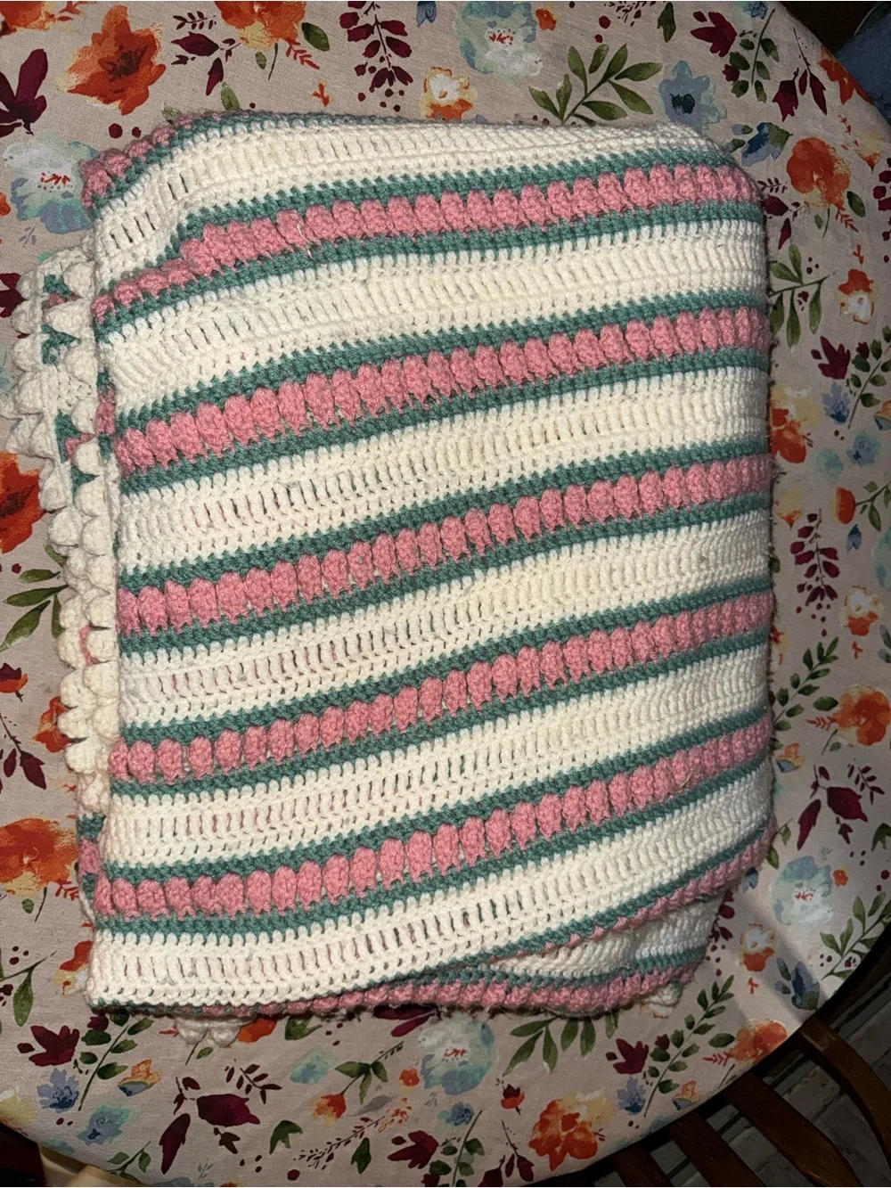 Handmade Crochet Full size Blanket in White, Pink & Sage